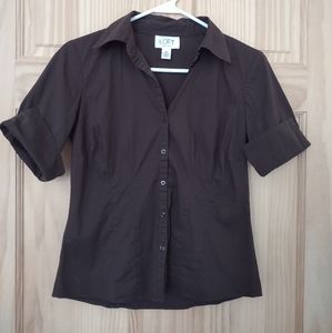 Ann Taylor Loft Short-Sleeve Button-Down Blouse, Chocolate Brown, Size 4 Petite